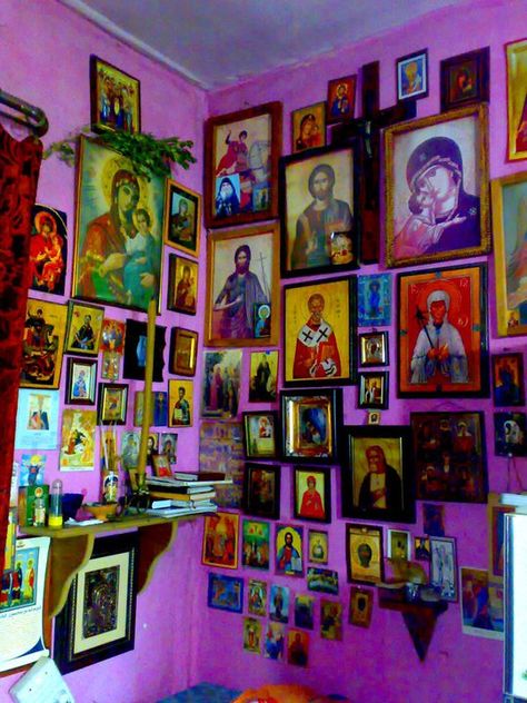 Holy Moly Icon wall!!   Capture the spirit of authentic Mexico at http://www.lafuente.com/Mexican-Art/Religious-Folk-Art/ Mexican Gothic Aesthetic Decor, Mexican House Artwork, Mexican Tapestry Wall Hangings, Mexican Gallery Wall Folk Art, Folk Catholicism Altar, Mexican Wall Art, Mexican Wall, Prayer Corner, Home Altar