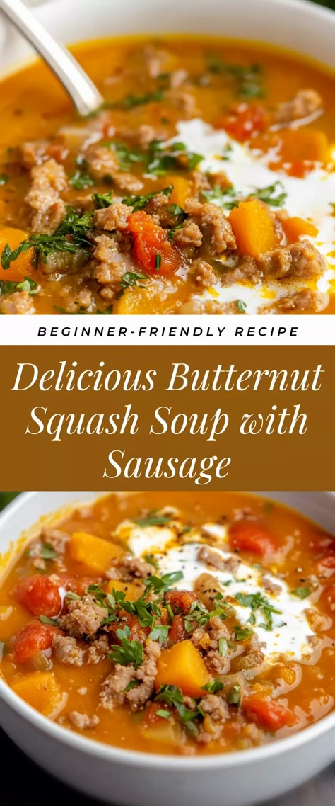 Image for Delicious Butternut Squash Soup with Sausage Cajun Butternut Squash Soup, Whole30 Butternut Squash Soup, Different Ways To Cook Butternut Squash, Delicious Butternut Squash Recipes, Ground Pork Butternut Squash, Spicy Squash Soup, Squash Sausage Recipe, Butternut Squash Entree Recipes, Italian Butternut Squash Soup