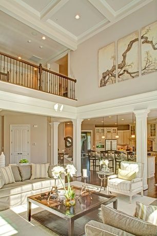 Traditional Living Room with Crown molding, High ceiling, Hardwood floors, Box ceiling, Columns, Balcony High Ceiling Decorating, Interior Design Country, Two Story Fireplace, High Ceiling Living Room, Stair Case, Foyer Decorating, Living Room Ceiling, Family Room Decorating, Traditional Living