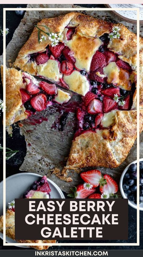 This Berry Cheesecake Galette has strawberries, blueberries and a cheesecake mixture spread across the bottom then dolloped on top. The cheesecake mix has a hint of lime that goes so well with the berries. One of my favorite things about galettes is how crisp the bottom of the crust stays and how flaky the sides are. #summerdesserts #July4threcipes #brunchrecipes Cheesecake Galette, Good Desserts To Make, Cheesecake Mixture, Cheesecake Mix, Galette Recipe, Berry Cheesecake, Strawberries Blueberries, Blue Berry, Desserts To Make