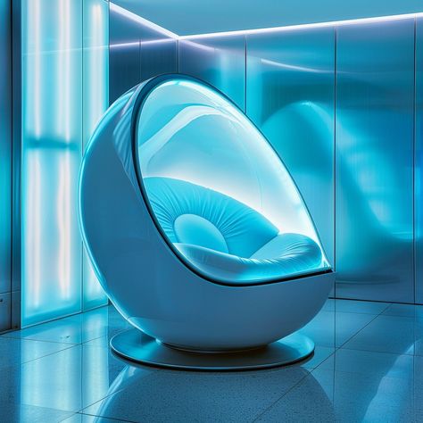 Futuristic Egg Chair: A modern egg-shaped chair glows with blue light inside an illuminated futuristic-looking interior space. #futuristic #design #modern #furniture #chair #aiart #aiphoto #stockcake ⬇️ Download and 📝 Prompt 👉 https://ayr.app/l/41NJ Futuristic Isometric, Futuristic Chair, Space Futuristic, Futuristic Furniture Design, Egg Shaped Chair, Broken Pencil, Calming Room, Futuristic Furniture, Blue Eggs