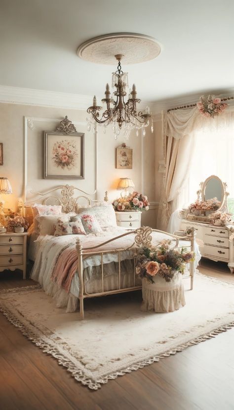 White Wrought Iron Bedroom Ideas, French Country Bedrooms Romantic, Woman's Bedroom, Shabby Bedroom, Fall Bedroom Ideas, Layered Bedding, Vintage Bedroom Decor, Flowers In Vases, Cozy Fall Bedroom