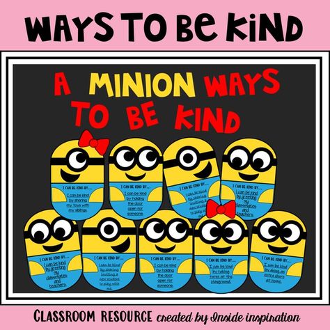 This Minion theme kindness bulletin board kit is great for building a harmonious class community and helping your students learn about kindness. Your students will definitely like this cute Minion activity and decoration!
It includes :
Different parts to build the Minions (colored and B&W options)
Writing prompt: I can be kind by...
6 different heading options for bulletin boards for smaller bulletin boards and larger bulletin boards Minion Classroom Door, Minion Bulletin Board, Minion Classroom Theme, Minion School, Res Life Bulletin Boards, Minion Classroom, Class Community, Kindness Bulletin Board, Baby Sensory Board