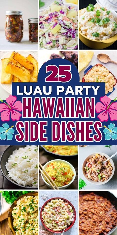 Add a tropical twist to your meals with these delicious Hawaiian side dishes. Hawaiian Themed Side Dishes, Easy Hawaiian Side Dishes, Hawaiian Side Dishes Parties, Hawaiian Sides Recipes, Hawaiian Menu Ideas, Hawaiian Foods For Party, Sides With Hawaiian Chicken, Tropical Side Dishes, Hawiian Appetizers Luau Food