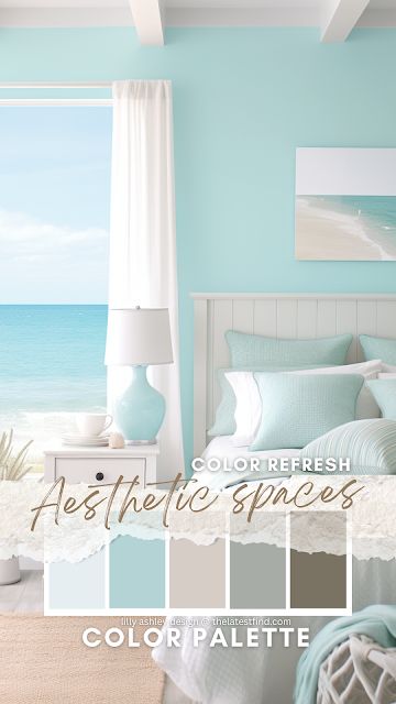 Lilly Ashley: Coastal Color Scheme for a Serene Bedroom: Whites, Creams, Ocean Blues, and Seafoam Aquas Beach Color Palette Bedroom, Behr Coastal Paint Colors Bedroom, Beachy Bedroom Colors, Sea Pallet Color, Ocean Abyss Behr Master Bedrooms, Ocean Blues Palette, Pastel Ocean Color Palette, Coastal Color Scheme, Aqua Bedrooms