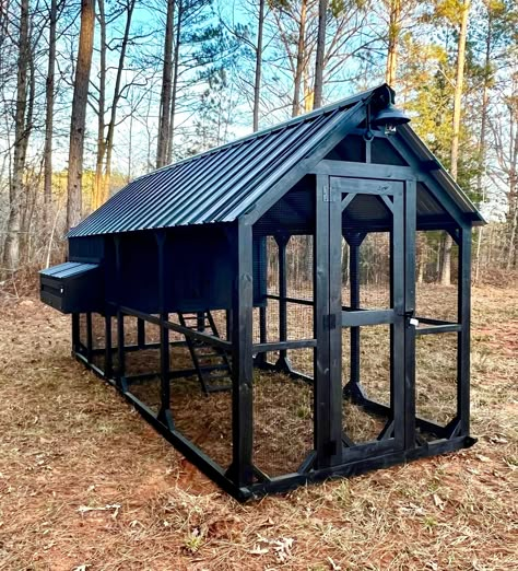 "**Shipping is NOT free, please see the description below for delivery information.** Custom made chicken coop and run built by The Davidson Design, LLC.  www.davidsondesign.shop The coop pictured is our 6'x16' size. It has a 6'x6' house with a 6'x10' run, plus the extra 6' of run space under the house. All of our coops come with a full metal roof, synthetic pvc flooring and 1/2\" hardware cloth wire. For upgrades it has one exterior side nesting box, front & back vented windows, solid black pai Chicken Coop Cupola, Chicken Coop Black, Egg House, Tall Chicken Coop, Chicken Coop Inside Run, Chicken Coop Runs, 10x10 Chicken Coop, Chicken Coop For 10 Chickens, Chicken Coupe