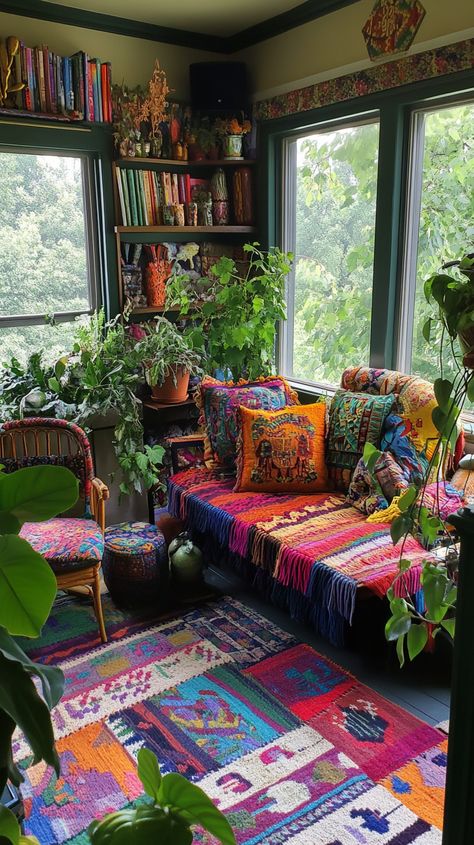 Step into a Sagittarius' sunroom filled with wanderlust vibes 🌍🪴. Immerse in global textiles, dive into a travel book collection 📚, and add life with diverse plant species 🌿. Enjoy eclectic charm with colorful seating options that welcome every traveler’s tale 🛋️✨. #HomeDecor #BohoChic Sunroom Decorating Ideas Bohemian, Colorful Sunroom, Bohemian Sunroom, Sunroom Decorating Ideas, Boho Sunroom, Sunroom Decorating, Global Textiles, Plant Species, Travel Book