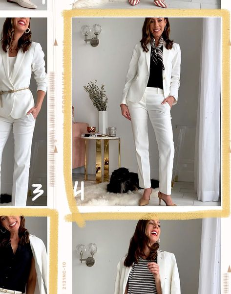 Sydne Style shows how to wear a white suit in ann taylor linen blazer and pants #suit #whitesuit #powersuit #pantsuit #suits @sydnesummer Womens White Pants Suit, Green Pant Suit, Suit For Summer, White Linen Suit, Linen Dress Pants, Cream Suit, Seersucker Suit, Dress Pant Suit, White Linen Dresses