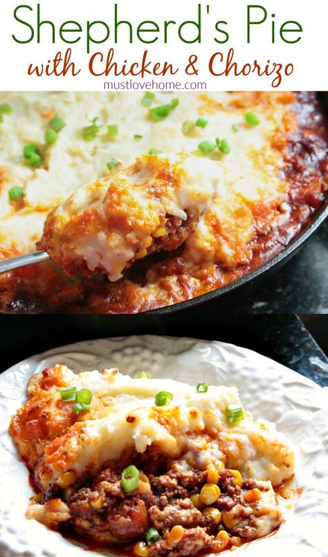 Chorizo Shepherd's Pie is a hearty blend of Mexican Chorizo, chicken and corn with a spicy tomato sauce, topped with velvety pepper jack cheese mashed potatoes. A complete meal that is ready in under an hour. Chorizo Recipes Dinner, Walnut Chicken Recipe, Chorizo Chicken, Chicken And Corn, Dinner Pies, Chorizo And Potato, Cheese Mashed Potatoes, Mexican Chorizo, Chicken Chorizo