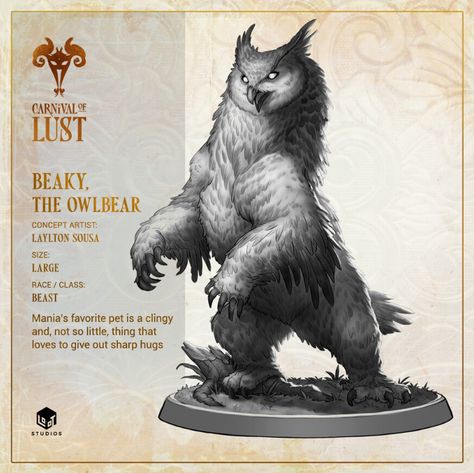 Owl Monster Art, Owl Bear Dnd, Owlbear Tattoo, Owlbear Bg3, Owlbear Art, Owlbear Dnd, Creature Design Concept, Owl Monster, Tavern Brawl