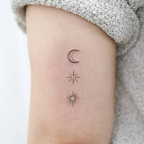 Minimal Sun Moon Stars Tattoo, Sun Moon And Stars Tattoo Delicate, Moon And Stars Tattoo Ribs, Start Moon Sun Tattoo, Sun The Moon And Stars Tattoo, Sibling Tattoos For 3 Sun Moon Star, Small Tattoos Sun Moon Stars, Sun Moon Star Minimal Tattoo, Suns And Moon Tattoo