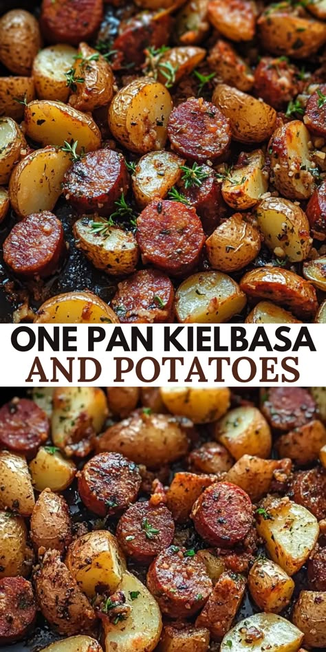 This One Pan Kielbasa and Potatoes recipe is the ultimate quick-fix dinner! Combining smoky kielbasa, crispy potatoes, and fresh vegetables, it’s a satisfying, hearty meal that’s ready in just 35 minutes.  Whether cooked in the oven or on the stovetop, this dish offers bold flavors with minimal effort. Kielbasa And Red Potatoes, Kolbasa And Potatoes, Oven Only Dinners, One Pan Wonder, One Pan Kielbasa And Potatoes, Easy Dinner With Kielbasa, Kalbasa And Potatoes, Easy Cooked Vegetables, Scrapple In The Oven