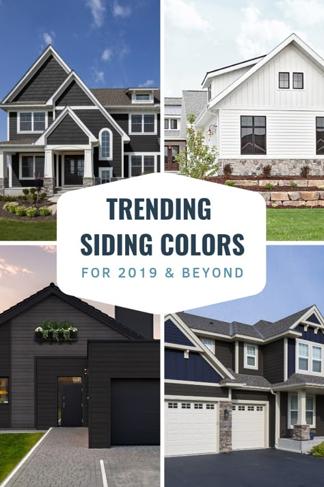 Building a new home or remodeling your existing home? Check out these trending siding colors. Blue siding, black siding, white siding and gray siding are popular for exteriors! Perfect for new construction, these siding colors will help you create your dream home. House Vinyl Siding Ideas Exterior, White Siding Exterior Color Schemes, Popular Siding Colors For Houses, Trending Siding Colors, Black Vinyl Siding, New Construction Home Ideas Exterior, Vinyl Siding Color Schemes, Vynil Siding, Exterior Vinyl Siding Colors