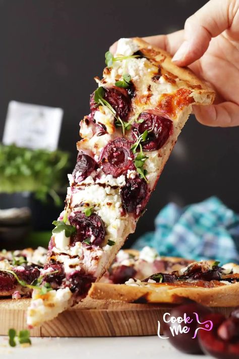 Summer Pizza with Cherries and Feta Recipe - Cook.me Recipes Cherries Recipes Fresh, Cherry Recipes Savory, Cherry Desserts With Fresh Cherries, Fresh Cherry Desserts, Cherry Recipes Dinner, Healthy Cherry Recipes, Tart Cherry Recipes, Cherry Recipes Healthy, Savory Cherry Recipes