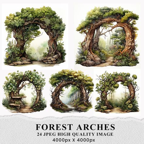 Arch Tree, Tree Archway, Tree Arch, Elvish Garden, Forest Entrance, Avatar Forest, Forest Clipart, Tree Watercolor, Mythical Forest Art