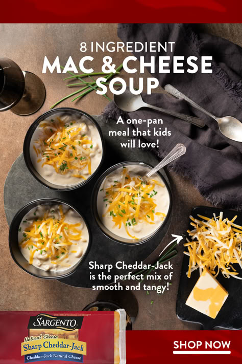 Warm up and get cozy with a bowl of smooth and creamy mac 'n' cheese soup. The delicious tangy taste of Sargento® Block Sharp Cheddar-Jack cheese adds a burst of flavor you will love! Mac And Cheese Soup, Mac N Cheese Soup, Natural Cheese, Pureed Food Recipes, Cheese Soup, Sharp Cheddar, Homemade Soup, Delicious Soup, Stew Recipes