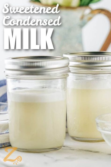 Homemade sweetened condensed milk in a jar with a title Condensed Milk Recipe, Homemade Sweetened Condensed Milk, Homemade Condensed Milk, Sweetened Condensed Milk Recipes, Condensed Milk Recipes, Homemade Condiments, Baking Substitutes, Homemade Cheese, Milk Recipes