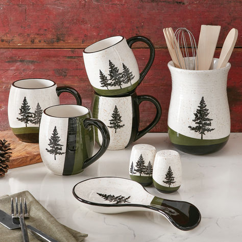 Cozy Cabin Decor, Ceramic Mug Set, New Home Essentials, Ceramic Utensil Holder, Black Forest Decor, Bear Rug, Ceramic Spoon Rest, Forest Decor, Ceramic Spoons