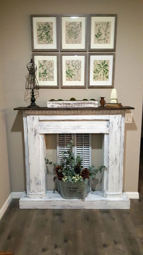 White Distressed Fireplace, White And Wood Fireplace, Distressed Wood Fireplace, Fake Fireplace Ideas, Fake Fireplace Diy, Faux Foyer, Pallet Fireplace, Faux Fireplaces, Distressed Fireplace