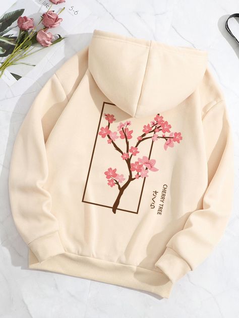 Letter & Floral Print Drawstring Thermal Lined Hoodie Apricot Casual  Long Sleeve Fabric Floral,Letter Pullovers Medium Stretch Fall/Winter Women Clothing, size features are:Bust: ,Length: ,Sleeve Length: Hoodies From Shein, Cute Hoodies For Women, Hoodies Print Ideas, Hoodies Girl, Japanese Sweatshirt, Peach Hoodie, Cute Hoodies, Kawaii Hoodie, Printed Hoodies Sweatshirts