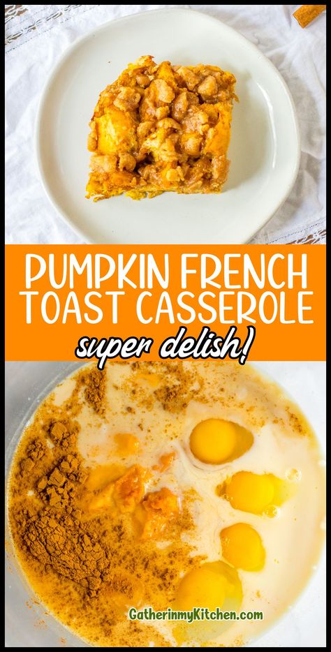 Transform your breakfast into a festive feast with Pumpkin Pie French Toast Bake. With bread submerged in a luxuriant mix of pumpkin and spices and topped with a streusel that bakes up crispy and sweet, this easy breakfast casserole recipe will have everyone at the table asking for seconds. French Toast Breakfast Casserole, Pumpkin Pie French Toast, Breakfast Casserole French Toast, Pumpkin French Toast Casserole, French Toast Casserole Easy, Easy Breakfast Casserole, Easy Breakfast Casserole Recipes, Breakfast Pie, Thanksgiving Brunch