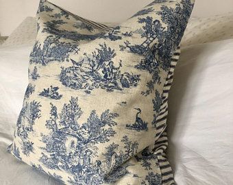 French Country Pillows, Blue Floral Pillows, Toile Pillows, French Country Blue, Blue Linen Bedding, Floral Cushion Covers, French Toile, Blue Toile, Blue Pillow Covers