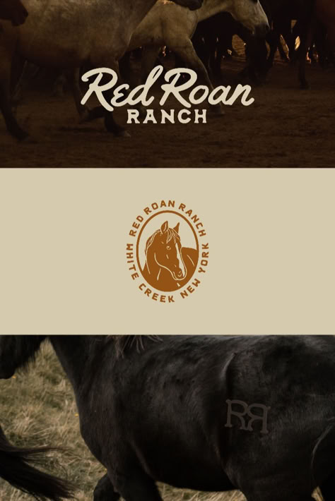 Ranch branding - for Red Roan Ranch in upstate New York. #ranchlogo #ranchbranding #westernlogo #westernbranding #horselogo Ranch Style Restaurant, Cattle Brand Logo Design, Country Branding Design, Ranch Branding Design, Horse Branding Design, Texas Ranch Aesthetic, Ranch Logo Design Ideas, Horse Logo Inspiration, Cowboy Branding