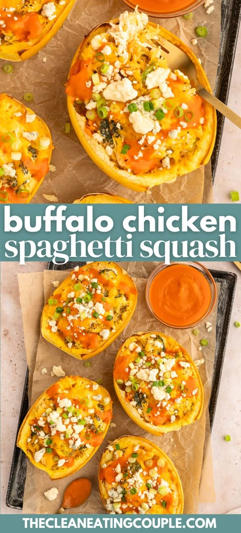 Healthy Buffalo Chicken Spaghetti Squash Boats are a tasty keto, gluten free dinner. Low carb, cheesy + loaded with spicy buffalo sauce - they're delicious! This recipe has no cream cheese, but uses greek yogurt to keep it creamy and is loaded with broccoli! Buffalo Spaghetti Squash Recipes, Spaghetti Squash Recipes Buffalo Chicken, Spaghetti Squash Cream Cheese, Buffalo Spaghetti Squash, Meals With Spaghetti Squash, High Protein Spaghetti Squash Recipes, No Carb Dinners, Spaghetti Squash Buffalo Chicken, Healthy Spaghetti Squash Recipes