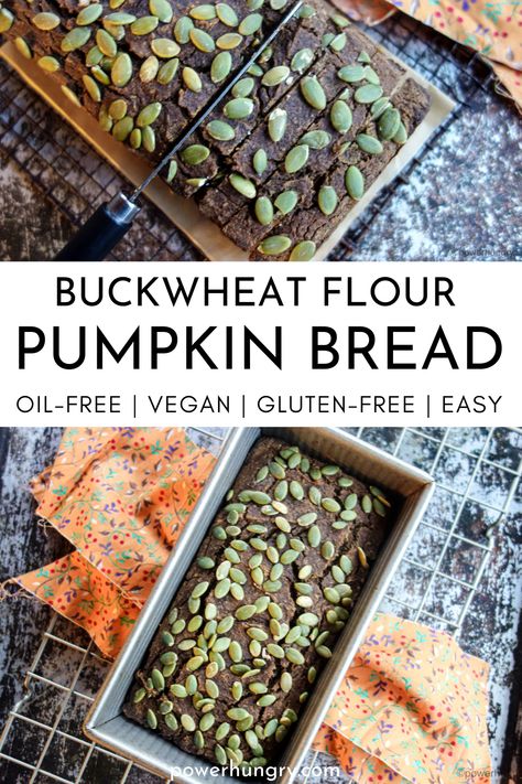 2 photo collage showing sliced pumpkin buckwheat bread Reid Diet, Buckwheat Galette, Gluten Free Buckwheat Bread, Buckwheat Flour Recipes, Buckwheat Bread, Vegan Breads, Vegan Pumpkin Bread, Gluten Free Pumpkin Bread, Buckwheat Recipes