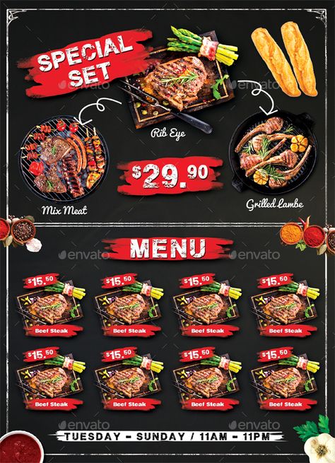 Bbq Menu Ideas, Graphic Design Cv, Bbq Menu, Food Business, Beef Steak, Menu Design, Graphic Design Branding, Food Menu, Post Templates