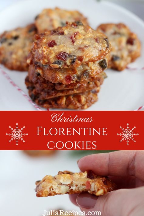 Florentine Cookies Recipe, Favorite Christmas Cookies, Florentine Cookies, Florentines Recipe, Lace Cookies, Cute Christmas Cookies, Christmas Food Gifts, Best Christmas Cookies, Holiday Cookie Recipes