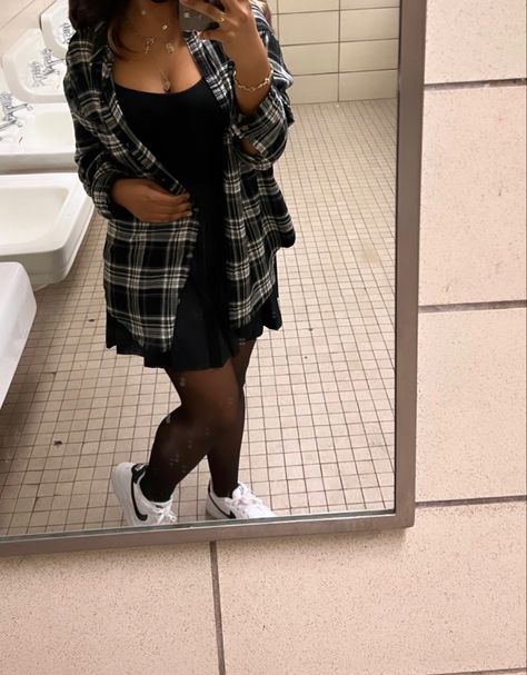 #outfits #aesthetic #fashion #skirt #flannel #nikeairforce1 #necklace #tights Flannel With Dress, Nike Airforce 1, Tights, Wardrobe