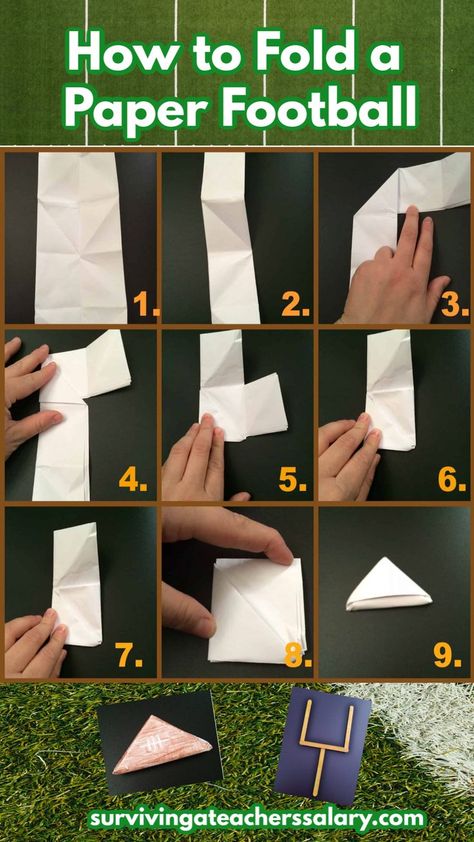 EASY tutorial on how to fold a paper football and build a diy football game for kids! Perfect for tabletop games, football parties, and sports day! #football #game #paper #papercraft #diy #games #diygames #sports #kidsgame Football Art Projects For Kids, Football Kids Crafts, Football Games For Kids, Sport Crafts, Paper Football, Kids Gratitude Journal, Game Paper, Football Template, Gratitude Journal For Kids