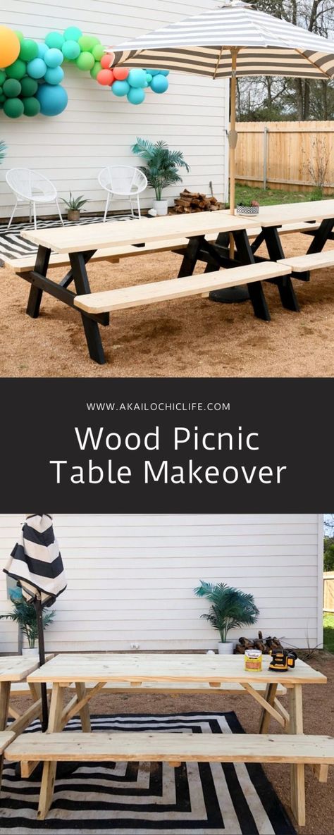 Wood Picnic Table Makeover - A Kailo Chic Life % Picnic Table Ideas Outdoor, Pinic Table, Painted Picnic Tables, Picnic Table Makeover, Wood Picnic Table, Picnic Table Decor, Patio Upgrade, Diy Picnic Table, Wooden Picnic Tables