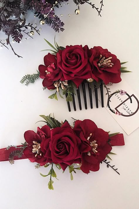 Bridesmaid Headpiece Floral Crowns, Red And White Wedding Theme, Black Red And White Wedding, Red Hair Piece, Red Hair Pieces, Crimson Wedding, Dark Red Wedding, Rose Wedding Theme, Black Red Wedding