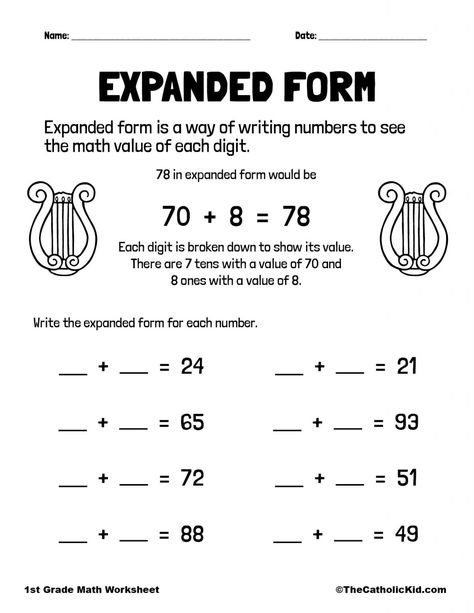 1st grade Archives - The Catholic Kid - Catholic Coloring Pages and Games for Children Expanded Numbers Worksheet, Expanded Form Worksheet For Grade 1, Maths Kindergarten, Expanded Form Math, Numbers In Expanded Form, Expanded Form Worksheets, Planing Ideas, Worksheets For Grade 1, Math Rti