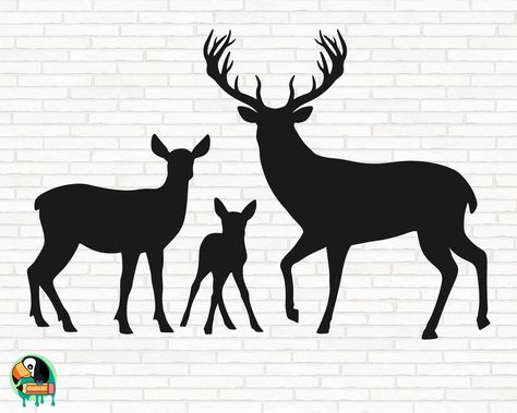 Buck And Doe Silhouette, Deer Family Silhouette, Deer Silhouette Printable, Deer Silhouette Painting, Buck Silhouette, Hirsch Silhouette, Wood Burning Patterns Stencil, Deer Svg, Forest Drawing