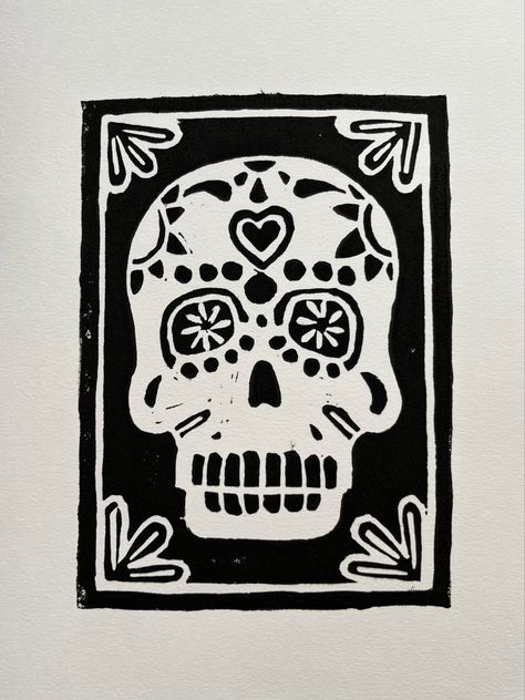 Day of the dead Mexican Linocut, Mexican Illustration Art, Skeleton Linocut, Day Of The Dead Illustration, Creepy Linocut, Skull Lino Print, Skull Screen Print, Relief Prints, Mexican Pattern