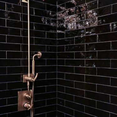 Backsplash Tiles | Kitchen, Bathroom & more | TileBar.com Ceramic Shower Tile, All Black Bathroom, Black Hexagon Tile, Black Tile Bathrooms, Black Subway Tiles, Luxury Bathroom Design, Subway Tile Showers, Standing Shower, Modern Bathroom Tile