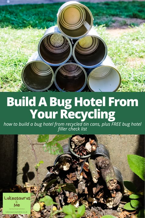 Build a bug hotel from your old recycling and encourage more wildlife to visit your garden. This post also includes a free printable checklist that you can download and save to take with you on your next walk - it'll help you collect the right fillers for your bug hotel that the insects will love. This a cheap, easy DIY project for kids and a great way to teach children about the environment, the world around them and about biodiversity. #earthday #earthweek #biodiversity #recycling #upcycle Insect Garden Ideas, How To Build A Bug Hotel, Make A Bug Hotel, Bugs Hotel Ideas, Diy Pollinator Hotel, Bug Garden Ideas, Insect Hotels Diy, Bug Hotels For Kids, Bug Houses For Kids To Make