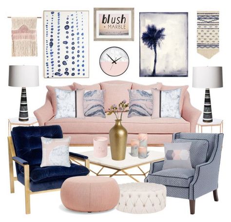 Navy And Blush Office, Pink And Navy Office, Blue And Pink Living Room, Blush Living Room, Blush Pink Living Room, Salon Art Deco, Pink Living Room Decor, Navy Living Rooms, Pink Living Room