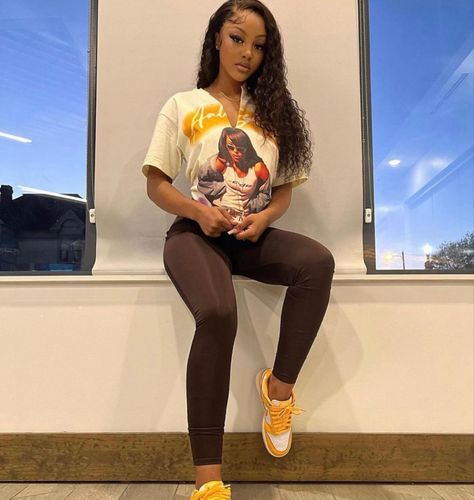 yellow dunks, brown leggings, graphic tee, deepwave side part, baddie, material gurl Brown Leggings Outfit, Trending Fits, Dunk Outfits, Yellow Shirt Outfit, Clothes Nike, Dunk Outfit, Hollister Clothes, Dunks Outfit, Forever 21 Outfits