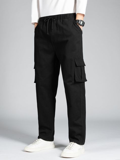 Black Street   Polyester Plain Cargo Pants Embellished Non-Stretch All Men Bottoms Celana Kargo, Pants Outfit Men, Drawstring Waist Pants, Mens Work Pants, Aesthetic Grunge Outfit, Stylish Hoodies, Guys Clothing Styles, Boys Denim, Outdoor Pants