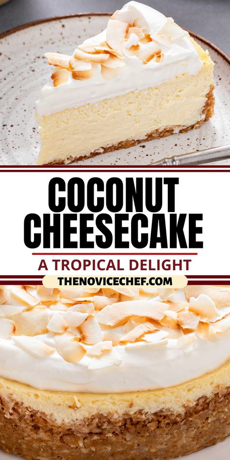 This indulgent Triple Coconut Cheesecake is a swoon-worthy delight! With real cream cheese, coconut milk, and shredded coconut, it’s the perfect dessert for Easter, or for a summertime fete. Cheesecake Recipes Coconut, Coconut Cheesecake Mousse, Coconut Milk Cheesecake, Best Coconut Desserts, Coconut Delight Dessert, Recipes Using Coconut Cream, Cream Of Coconut Recipes, Coquito Cheesecake Recipe, Pineapple Coconut Cheesecake