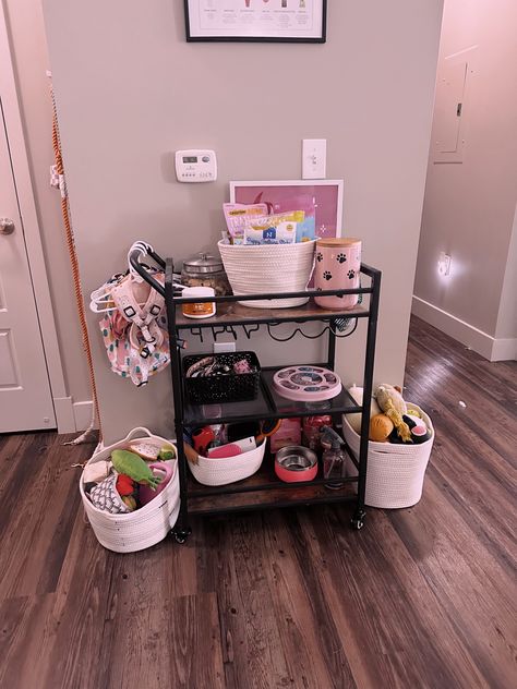 Bar cart 
Dog cart 
Dog 
Puppy accessories 
Dog essentials Dog Cart Organization, Dog Area Decor Ideas, Dog Organization Station Small Spaces, Puppy Set Up Ideas Dog Crates, Aesthetic Dog Set Up, Cute Puppy Crate Ideas, Apartment Dog Ideas, Cute Dog Set Up In Room, Puppy Corner Ideas