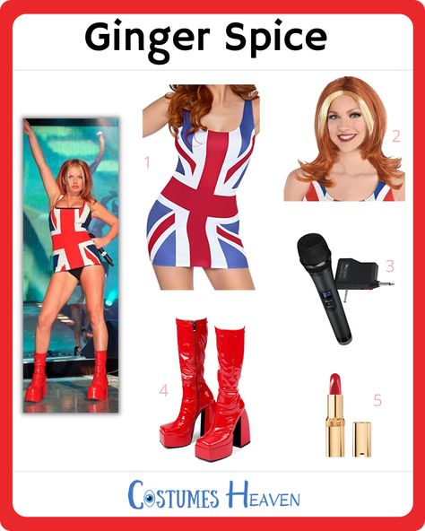 Ginger Spice Dress, Ginger Spice Outfit Ideas, Ginger Spice Halloween Costume, Ginger Girl Halloween Costumes, Red Head Costume Ideas Women, Ginger Characters Halloween, Costumes For Gingers, Ginger Spice Outfit, Ginger Hair Halloween Costume