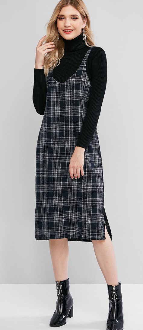 Plaid Dress Over Turtleneck, Turtle Neck Under Dress Outfit, Turtle Neck Under Dress, Turtleneck Under Dress Outfit, Long Sleeve Shirt Under Dress, Long Sleeve Under Dress Outfits, Long Sleeve Under Dress, Dress Over Turtleneck, Dress With Long Sleeve Shirt Under