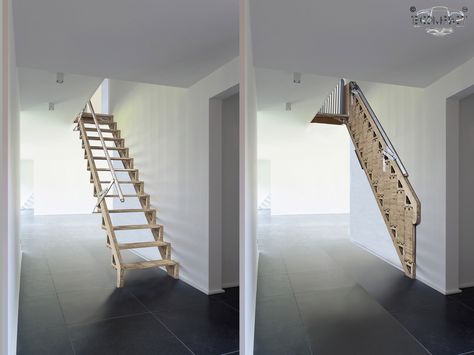 'Z-Matic Hybrids' are a new & unique take on your standard staircase/ladder. This product folds flat up against the wall or feature it is attached to, obvious functions are to save space & secure access to different levels. The flat folding ladder version replaces an often-complicated attic pull-down or metal ladder; in an easy to use and attractive manner. The Hybrid Stair also folds flat but incorporates a unique automated pop-up hand rail & door system to increase overall Folding Staircase, Foldable Stairs, Retractable Stairs, Standard Staircase, Folding Stairs, Architecture Renovation, New Staircase, House Stairs, Staircase Design