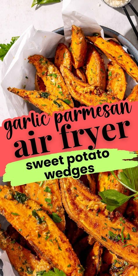 Level up classic sweet potato fries with these crispy garlic parmesan sweet potato wedges! With a crispy exterior and a soft and fluffy interior, these sweet potato wedges are packed with cheesy, garlic goodness. The best part? No oven or deep frying is needed - your air fryer does all the work for you! Sweet Potato Wedges Air Fryer, Sweet Potato Wedges Oven, Potato Wedges Air Fryer, Parmesan Sweet Potato Fries, Sweet Potato Appetizers, Air Fryer Sweet Potato Fries, Sweet Potato Side Dish, Sweet Potato Sides, Family Breakfast Recipes