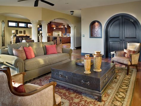 interesting coffee table Modern Mediterranean Living Room, Mediterranean Living Rooms, Living Room Design Styles, Mediterranean Living Room, Mediterranean Interior Design, Color Palette Living Room, Spanish Decor, Mediterranean Interior, Rustic Home Interiors